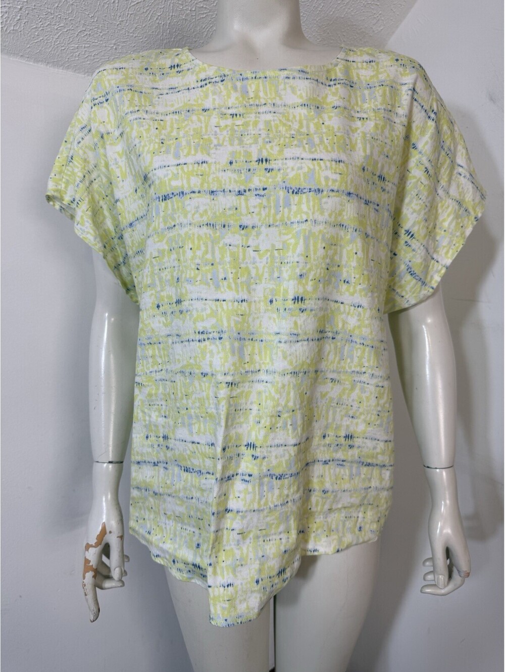 Alfani Womens Large Linen Blend Capsleeved Top Bright Yellow Blue Keyhole Back